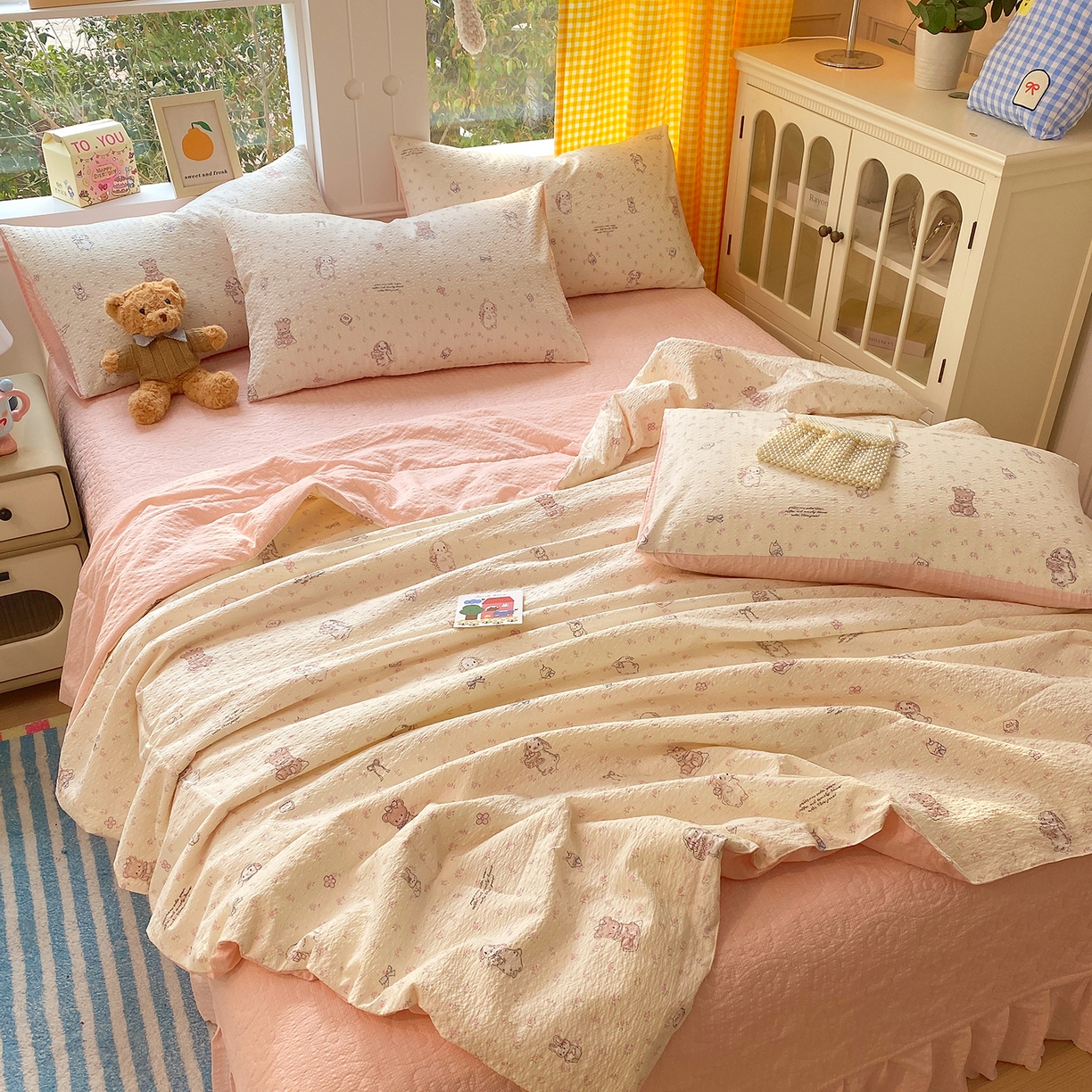 91家纺网 家纺一手货源 找家纺 莱米家纺 2026新款云感泡泡双层纱夏被夏凉被空调被床盖四件套 海派甜心