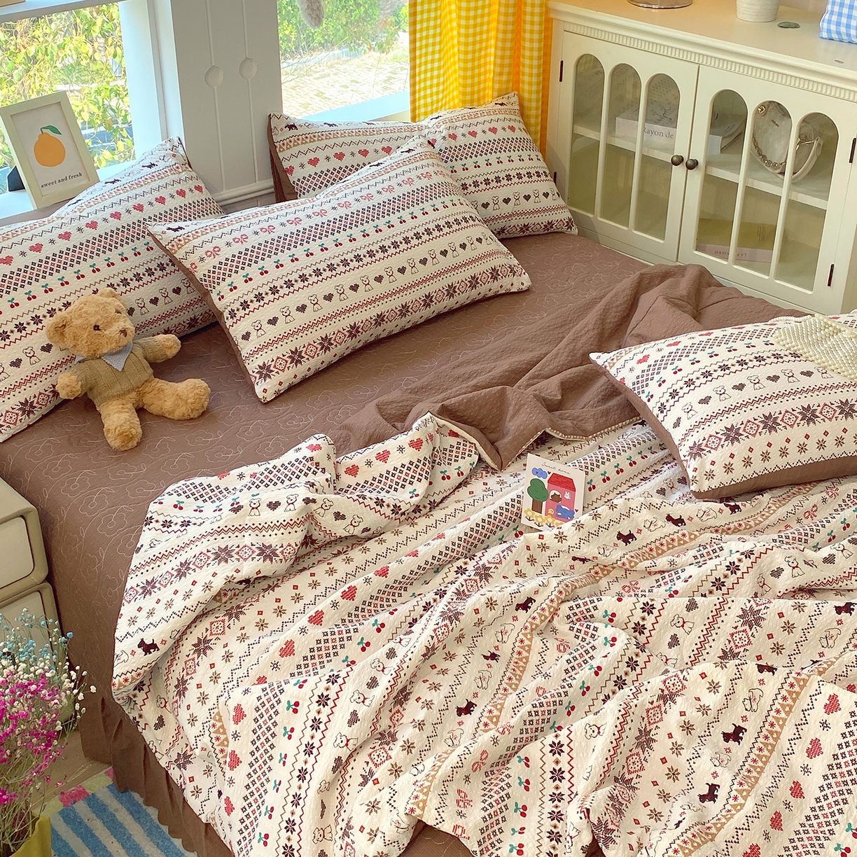 91家纺网 家纺一手货源 找家纺 莱米家纺 2026新款云感泡泡双层纱夏被夏凉被空调被床盖四件套 波西米亚-咖