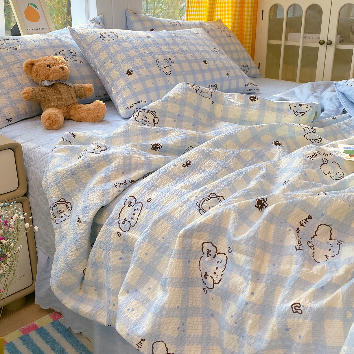 91家纺网 家纺一手货源 找家纺 莱米家纺 2026新款云感泡泡双层纱夏被夏凉被空调被床盖四件套 音乐小狗