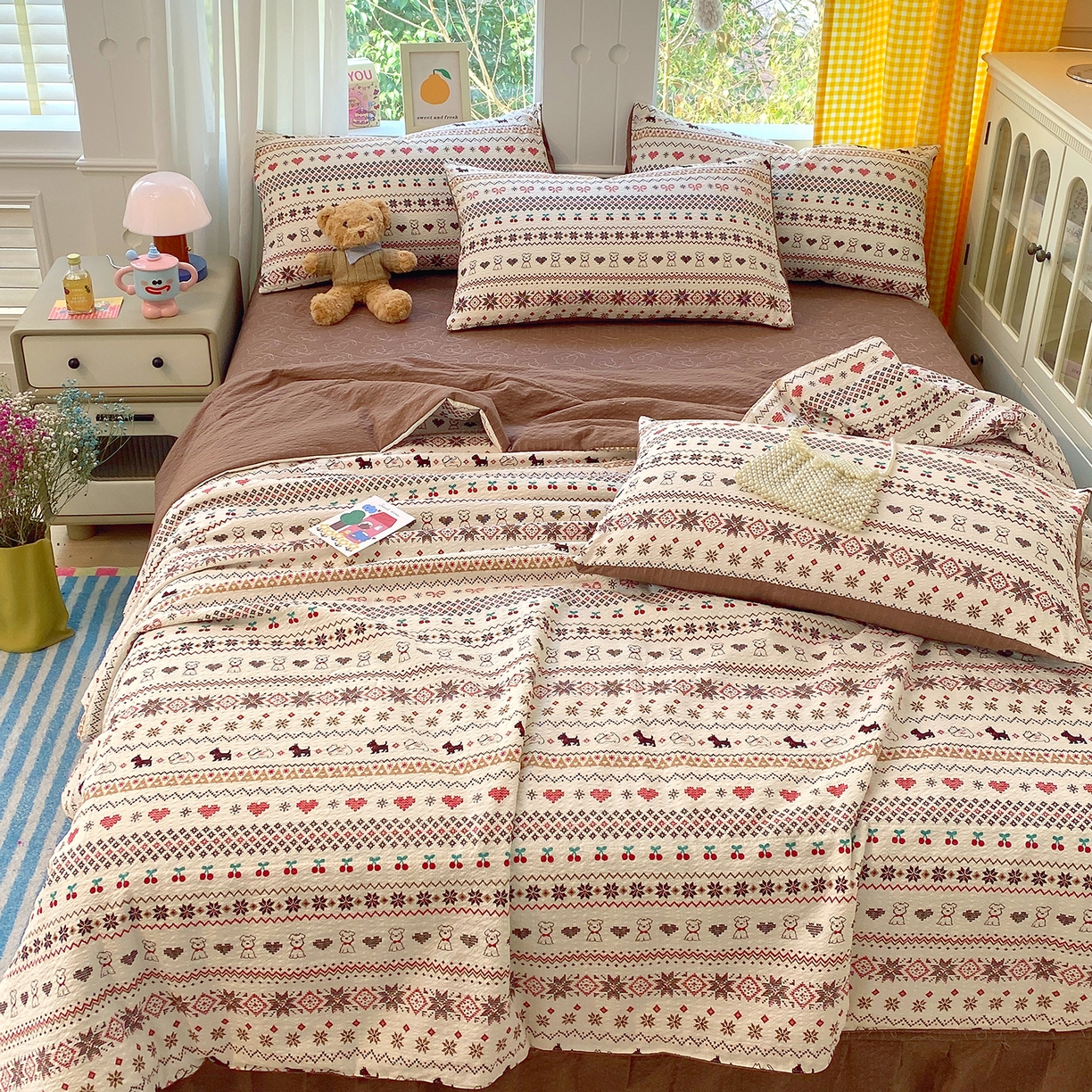 91家纺网 家纺一手货源 找家纺 莱米家纺 2026新款云感泡泡双层纱夏被夏凉被空调被床盖四件套 波西米亚-咖