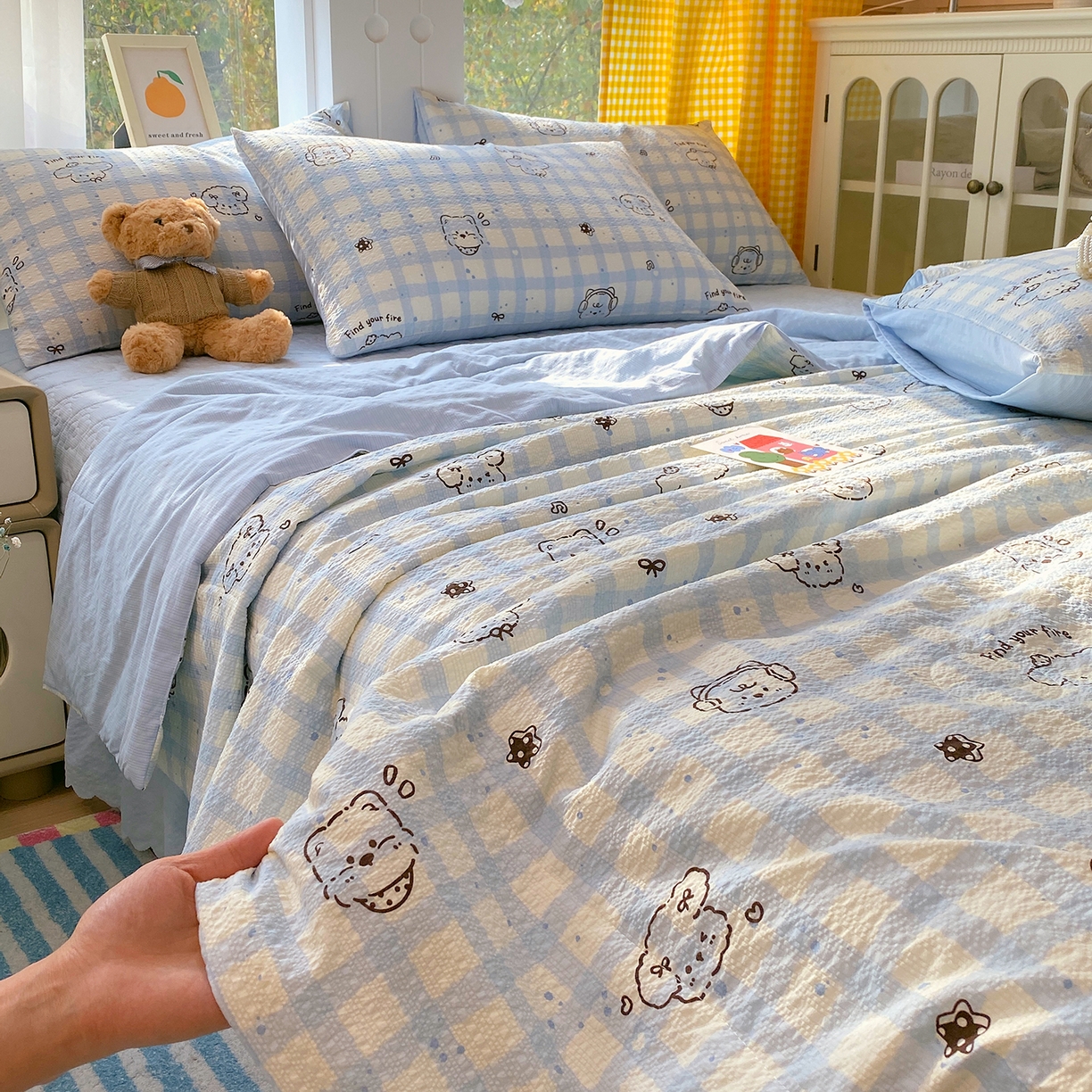 91家纺网 家纺一手货源 找家纺 莱米家纺 2026新款云感泡泡双层纱夏被夏凉被空调被床盖四件套 音乐小狗