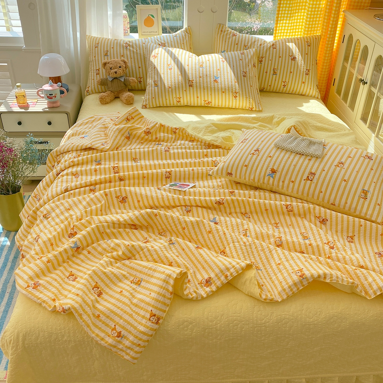 91家纺网 家纺一手货源 找家纺 莱米家纺 2026新款云感泡泡双层纱夏被夏凉被空调被床盖四件套 魔法星星