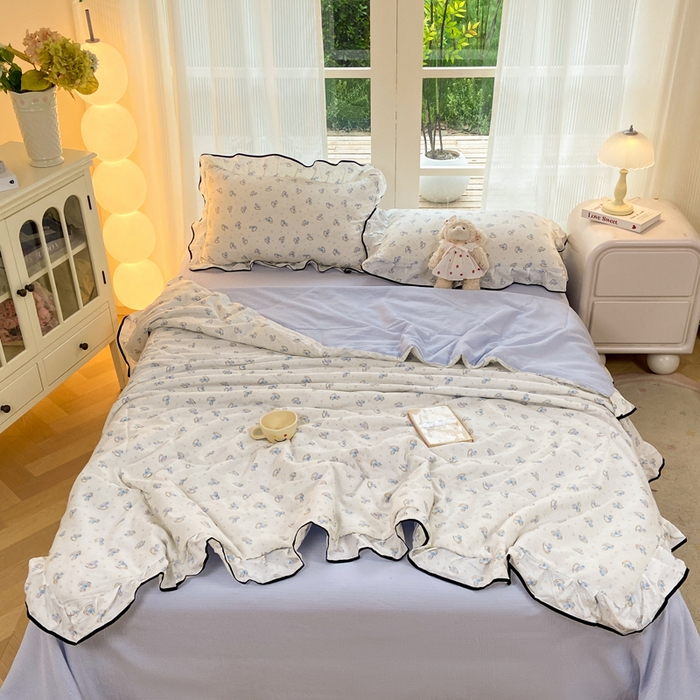 91家纺网 家纺一手货源 找家纺 优贝 2026直播爆款韩版泡芙棉皱皱纱黑边夏被夏凉被空调被四件套 小马乐园