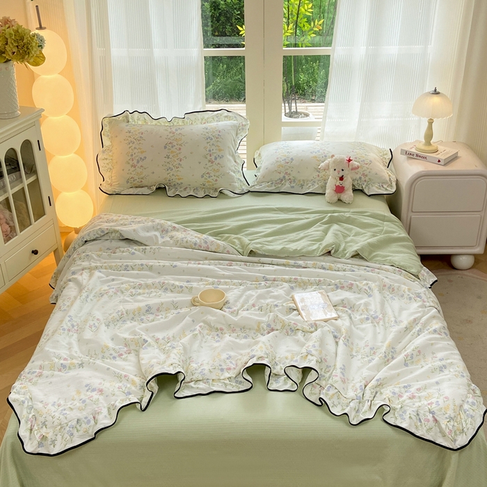 （总）优贝 2026直播爆款韩版泡芙棉皱皱纱黑边夏被夏凉被空调被四件套