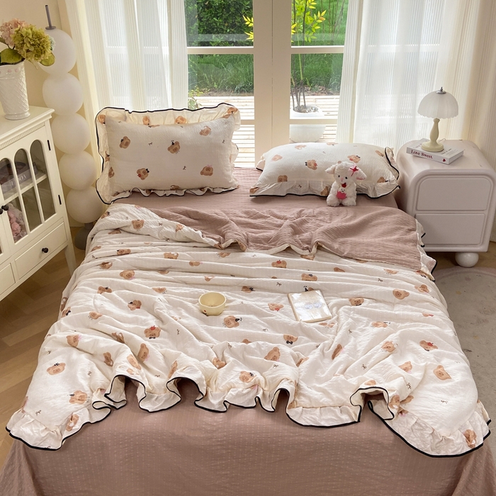 优贝 2026直播爆款韩版泡芙棉皱皱纱黑边夏被夏凉被空调被四件套 可爱熊