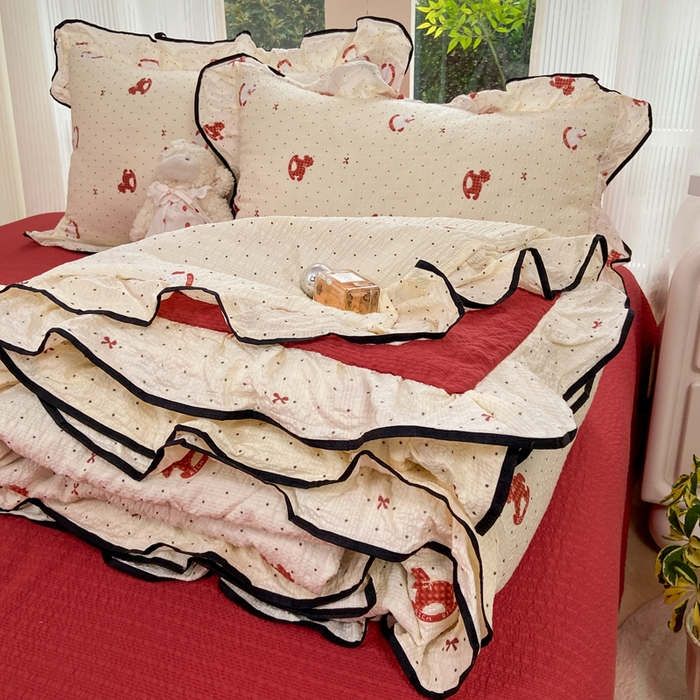 91家纺网 家纺一手货源 找家纺 优贝 2026直播爆款韩版泡芙棉皱皱纱黑边夏被夏凉被空调被四件套 马马福福