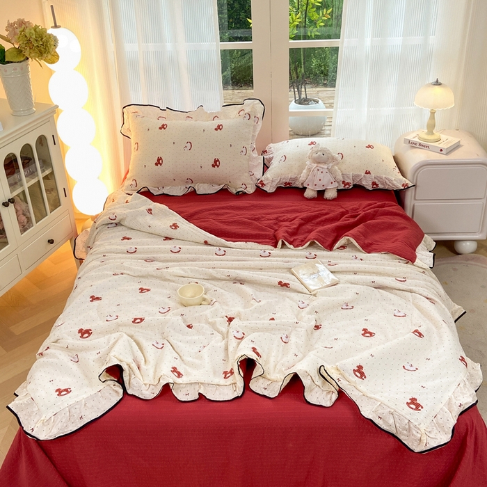 优贝 2026直播爆款韩版泡芙棉皱皱纱黑边夏被夏凉被空调被四件套 马马福福