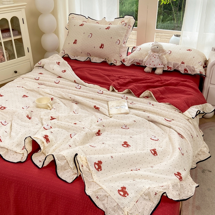 91家纺网 家纺一手货源 找家纺 优贝 2026直播爆款韩版泡芙棉皱皱纱黑边夏被夏凉被空调被四件套 马马福福