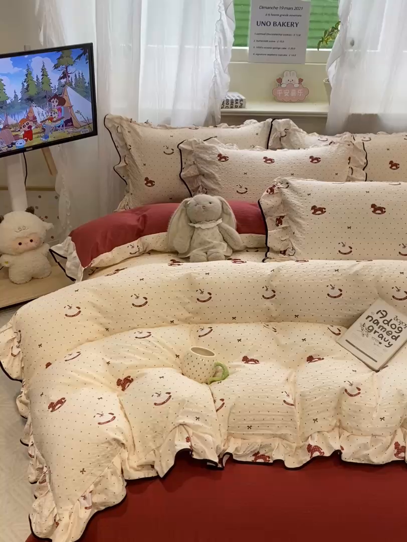 91家纺网 家纺一手货源 找家纺 优贝 2026直播爆款韩版泡芙棉皱皱纱黑边夏被夏凉被空调被四件套 马马福福