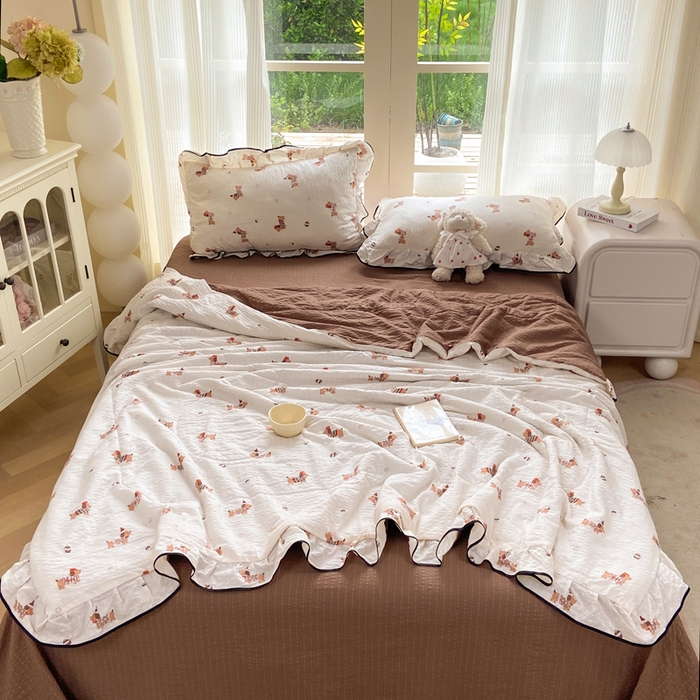 优贝 2026直播爆款韩版泡芙棉皱皱纱黑边夏被夏凉被空调被四件套 奇奇乐园