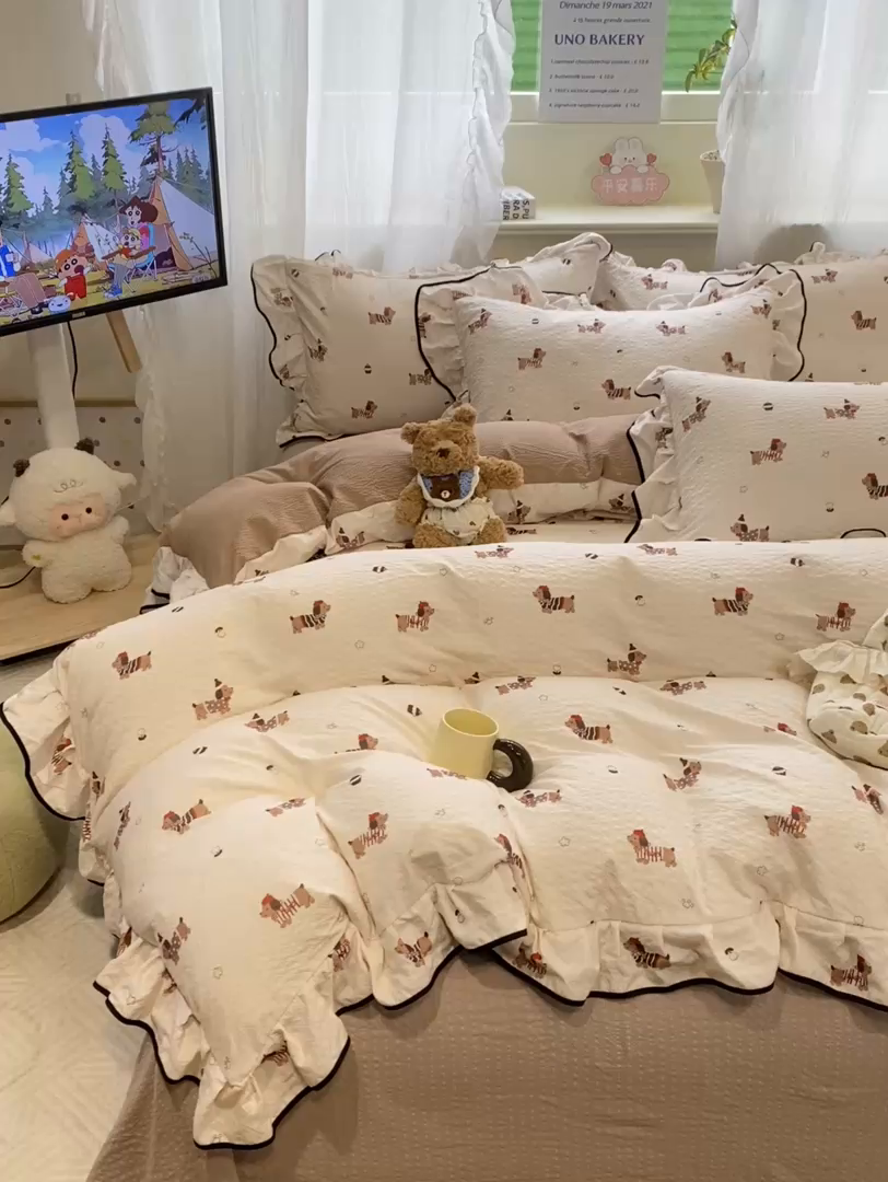 91家纺网 家纺一手货源 找家纺 优贝 2026直播爆款韩版泡芙棉皱皱纱黑边夏被夏凉被空调被四件套 奇奇乐园