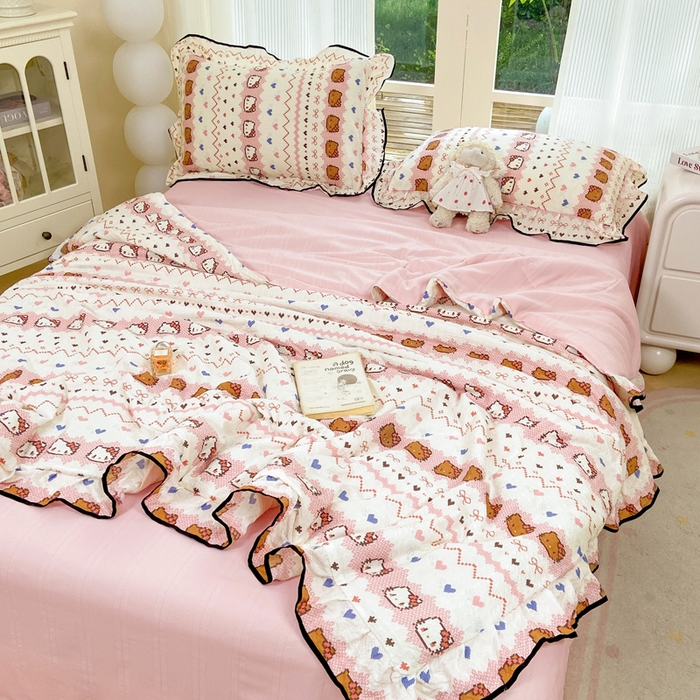 91家纺网 家纺一手货源 找家纺 优贝 2026直播爆款韩版泡芙棉皱皱纱黑边夏被夏凉被空调被四件套 甜心时光