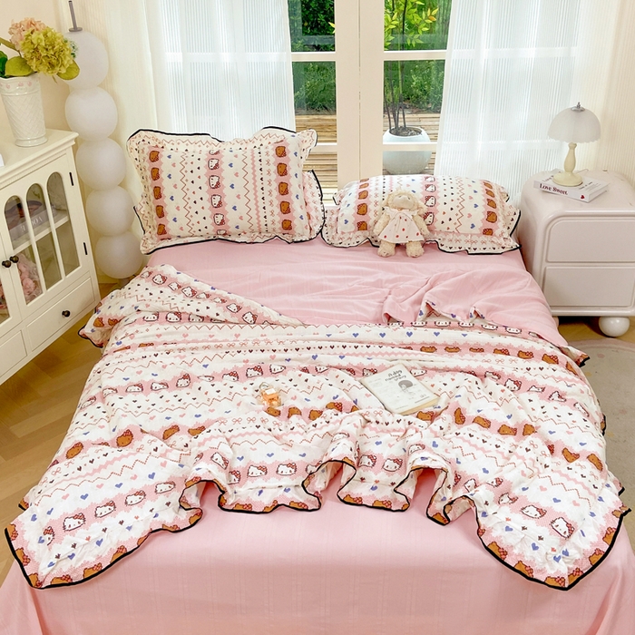 优贝 2026直播爆款韩版泡芙棉皱皱纱黑边夏被夏凉被空调被四件套 甜心时光