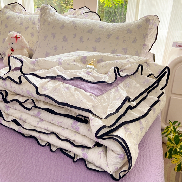 91家纺网 家纺一手货源 找家纺 优贝 2026直播爆款韩版泡芙棉皱皱纱黑边夏被夏凉被空调被四件套 小美好