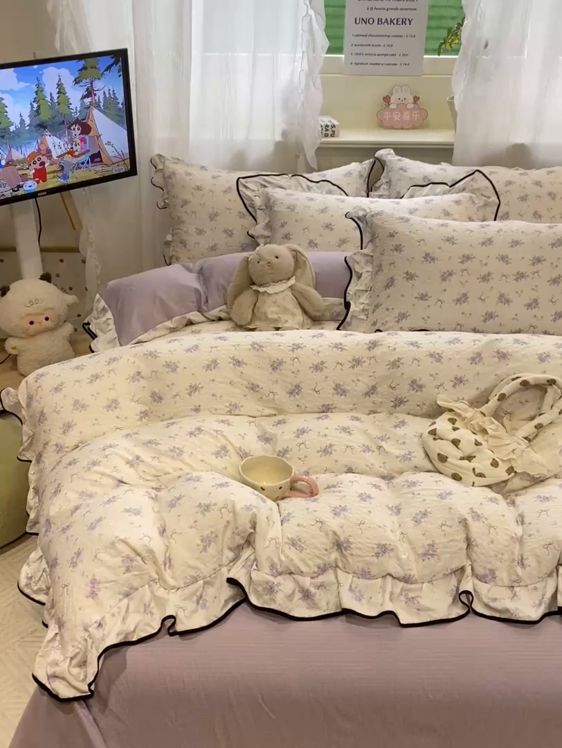 91家纺网 家纺一手货源 找家纺 优贝 2026直播爆款韩版泡芙棉皱皱纱黑边夏被夏凉被空调被四件套 小美好