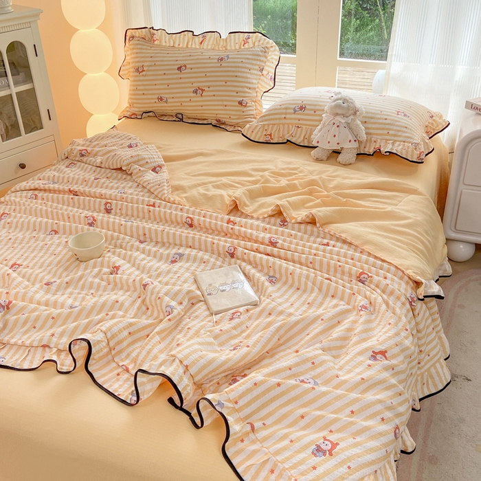 91家纺网 家纺一手货源 找家纺 优贝 2026直播爆款韩版泡芙棉皱皱纱黑边夏被夏凉被空调被四件套 星星人