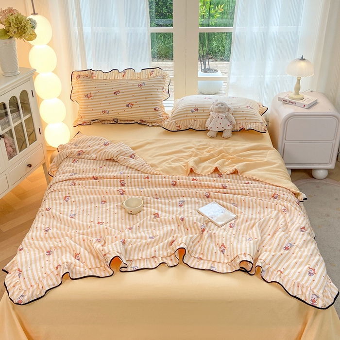 优贝 2026直播爆款韩版泡芙棉皱皱纱黑边夏被夏凉被空调被四件套 星星人