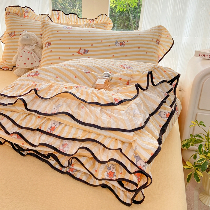 91家纺网 家纺一手货源 找家纺 优贝 2026直播爆款韩版泡芙棉皱皱纱黑边夏被夏凉被空调被四件套 星星人