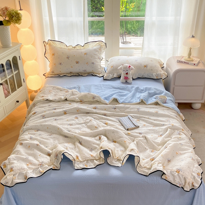 优贝 2026直播爆款韩版泡芙棉皱皱纱黑边夏被夏凉被空调被四件套 星雪人