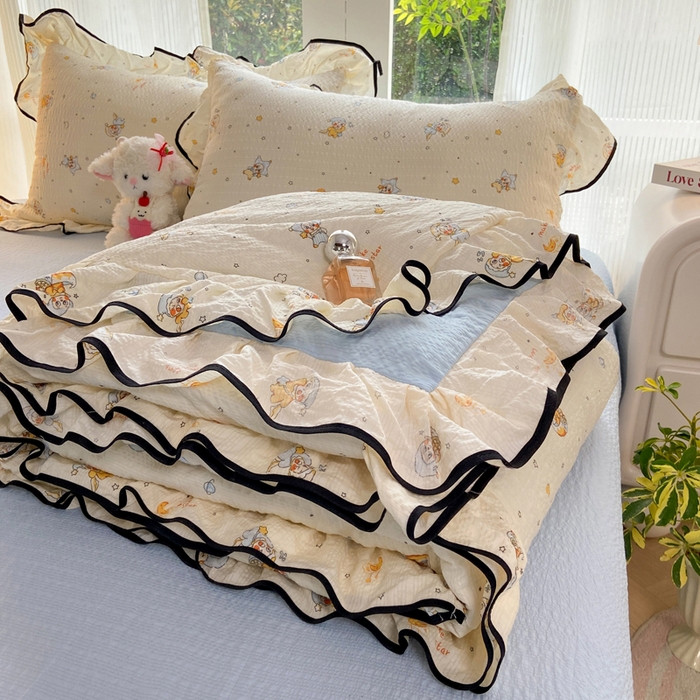 91家纺网 家纺一手货源 找家纺 优贝 2026直播爆款韩版泡芙棉皱皱纱黑边夏被夏凉被空调被四件套 星雪人