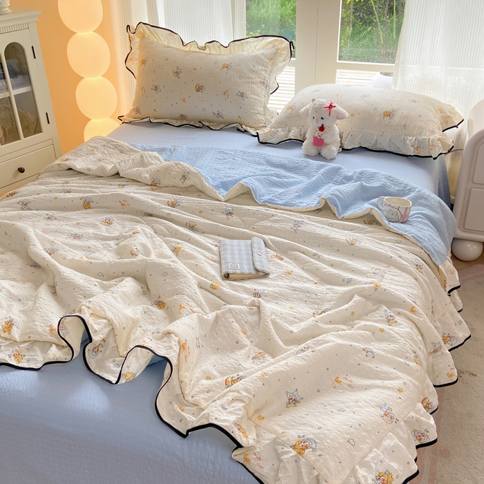 91家纺网 家纺一手货源 找家纺 优贝 2026直播爆款韩版泡芙棉皱皱纱黑边夏被夏凉被空调被四件套 星雪人