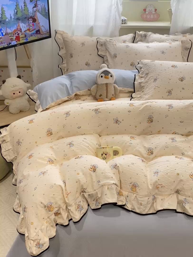 91家纺网 家纺一手货源 找家纺 优贝 2026直播爆款韩版泡芙棉皱皱纱黑边夏被夏凉被空调被四件套 星雪人