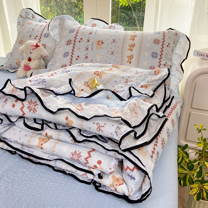 91家纺网 家纺一手货源 找家纺 优贝 2026直播爆款韩版泡芙棉皱皱纱黑边夏被夏凉被空调被四件套 悠然小花