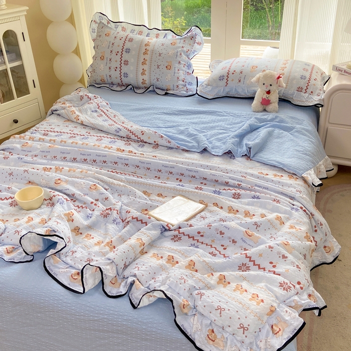 91家纺网 家纺一手货源 找家纺 优贝 2026直播爆款韩版泡芙棉皱皱纱黑边夏被夏凉被空调被四件套 悠然小花