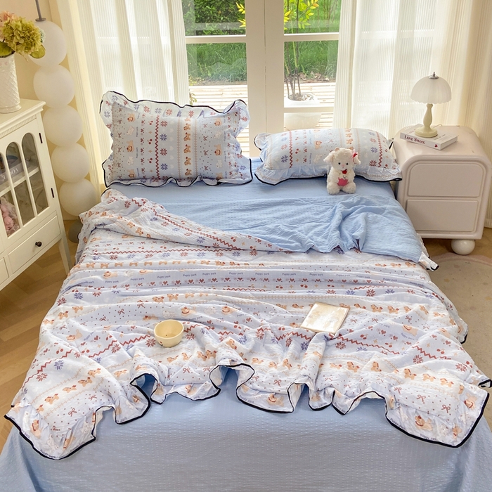 优贝 2026直播爆款韩版泡芙棉皱皱纱黑边夏被夏凉被空调被四件套 悠然小花