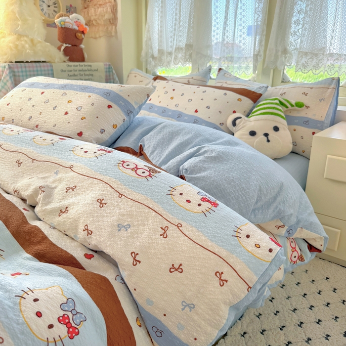 91家纺网 家纺一手货源 找家纺 港岛妹妹 2026新款泡芙纱印花四件套 奶雾猫眠