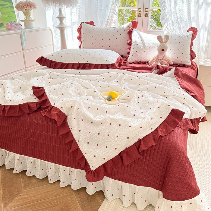 91家纺网 家纺一手货源 找家纺 韩约家纺 2026新款泡芙棉床盖款夏被夏凉被空调被四件套 波点红