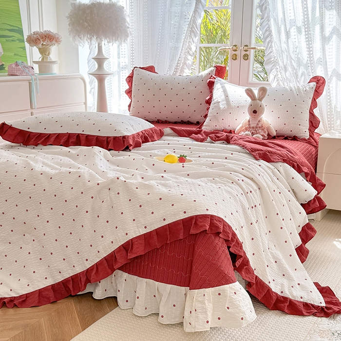 91家纺网 家纺一手货源 找家纺 韩约家纺 2026新款泡芙棉床盖款夏被夏凉被空调被四件套 波点红