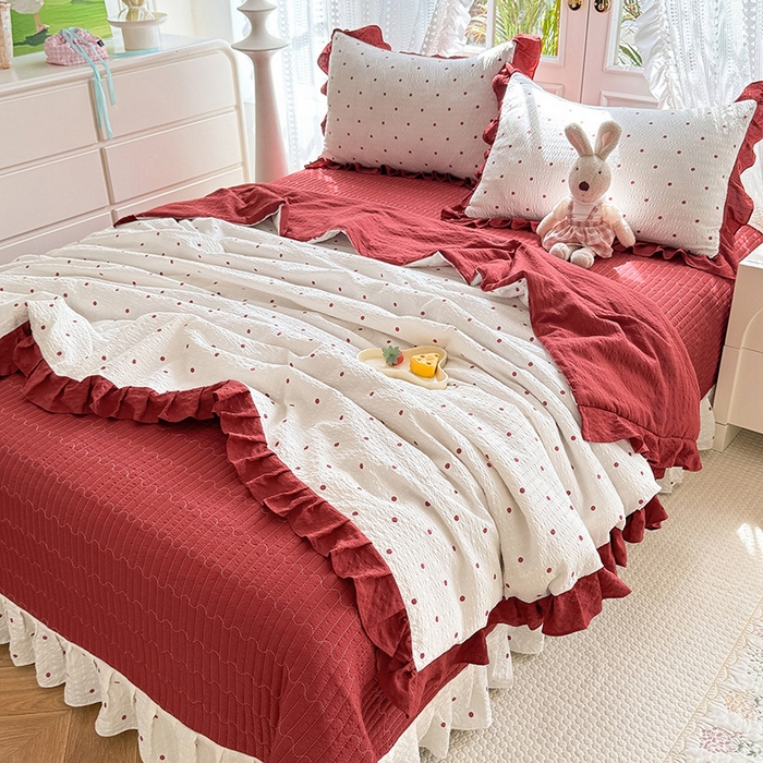 91家纺网 家纺一手货源 找家纺 韩约家纺 2026新款泡芙棉床盖款夏被夏凉被空调被四件套 波点红