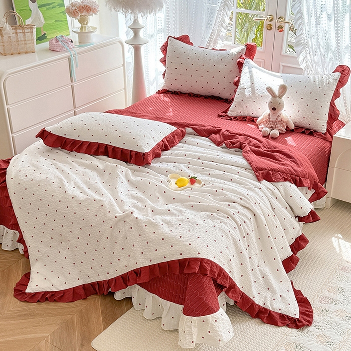 91家纺网 家纺一手货源 找家纺 韩约家纺 2026新款泡芙棉床盖款夏被夏凉被空调被四件套 波点红