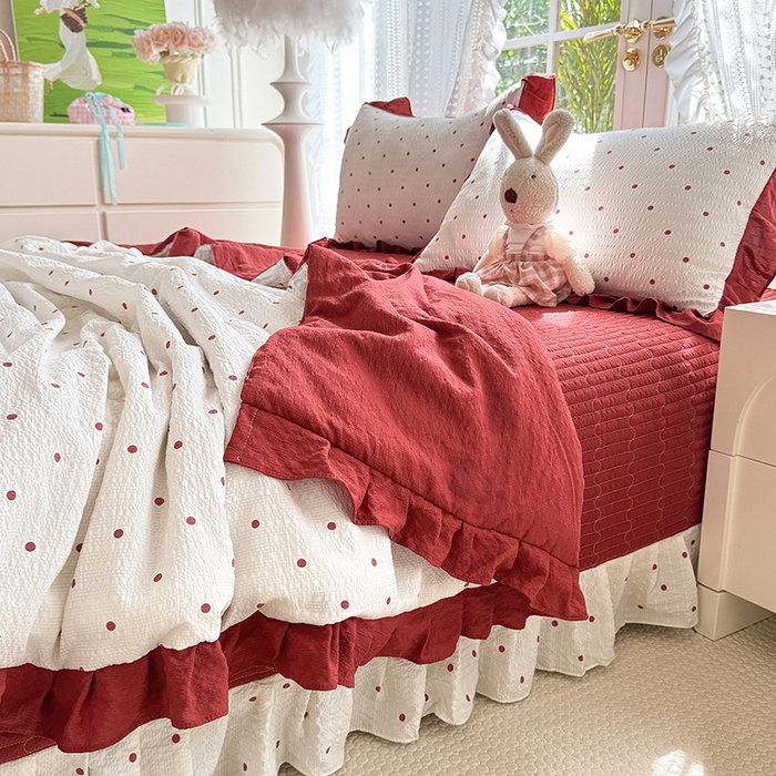 91家纺网 家纺一手货源 找家纺 韩约家纺 2026新款泡芙棉床盖款夏被夏凉被空调被四件套 波点红