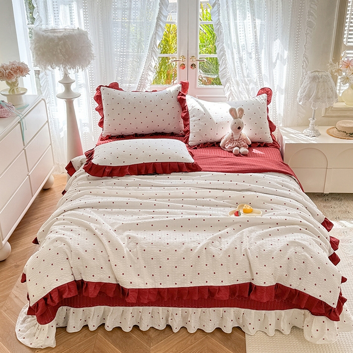 91家纺网 家纺一手货源 找家纺 韩约家纺 2026新款泡芙棉床盖款夏被夏凉被空调被四件套 波点红