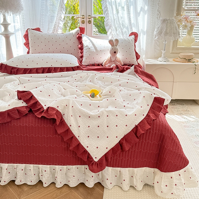 91家纺网 家纺一手货源 找家纺 韩约家纺 2026新款泡芙棉床盖款夏被夏凉被空调被四件套 波点红