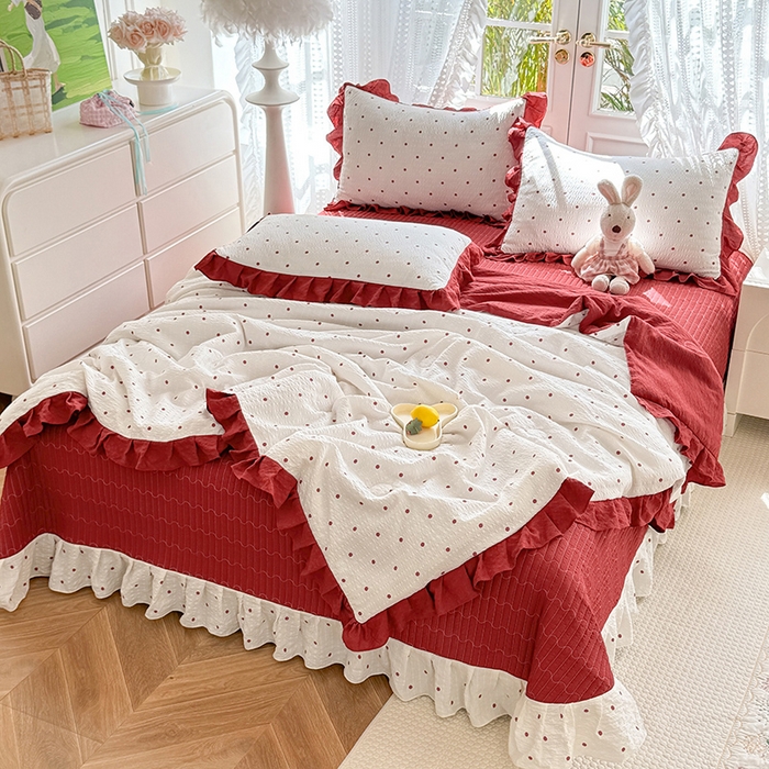 91家纺网 家纺一手货源 找家纺 韩约家纺 2026新款泡芙棉床盖款夏被夏凉被空调被四件套 波点红