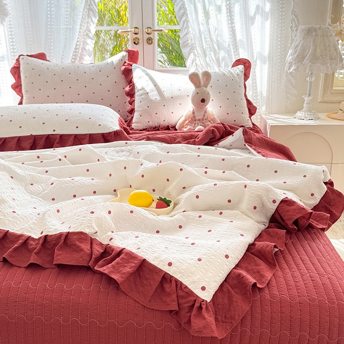 91家纺网 家纺一手货源 找家纺 韩约家纺 2026新款泡芙棉床盖款夏被夏凉被空调被四件套 波点红