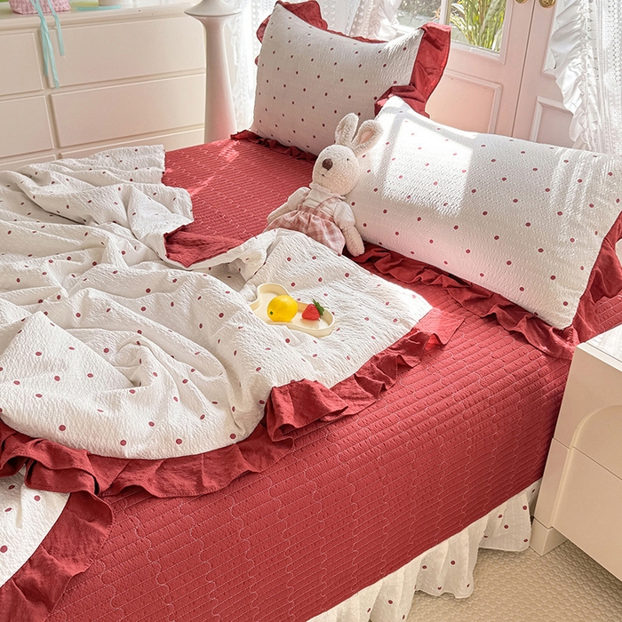 91家纺网 家纺一手货源 找家纺 韩约家纺 2026新款泡芙棉床盖款夏被夏凉被空调被四件套 波点红