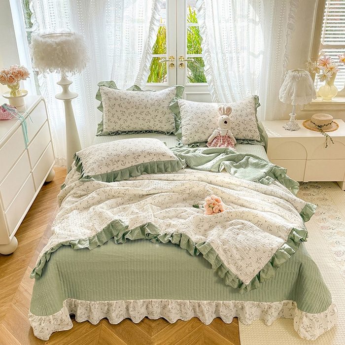 91家纺网 家纺一手货源 找家纺 韩约家纺 2026新款泡芙棉床盖款夏被夏凉被空调被四件套 微花耳耳