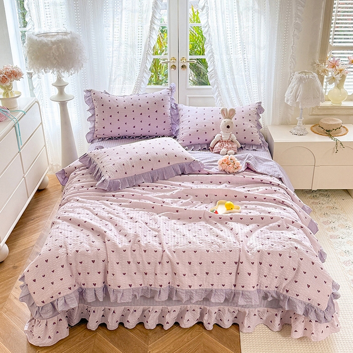 91家纺网 家纺一手货源 找家纺 韩约家纺 2026新款泡芙棉床盖款夏被夏凉被空调被四件套 紫色心情