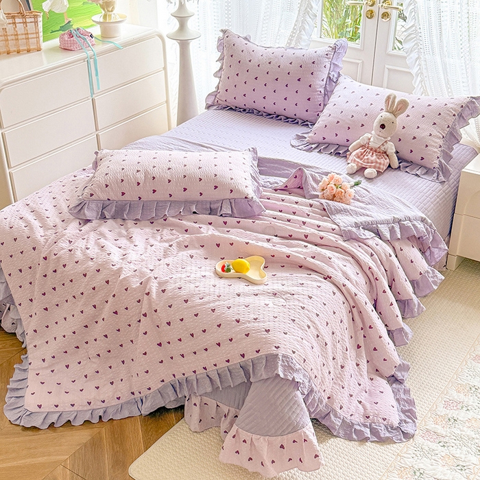 91家纺网 家纺一手货源 找家纺 韩约家纺 2026新款泡芙棉床盖款夏被夏凉被空调被四件套 紫色心情