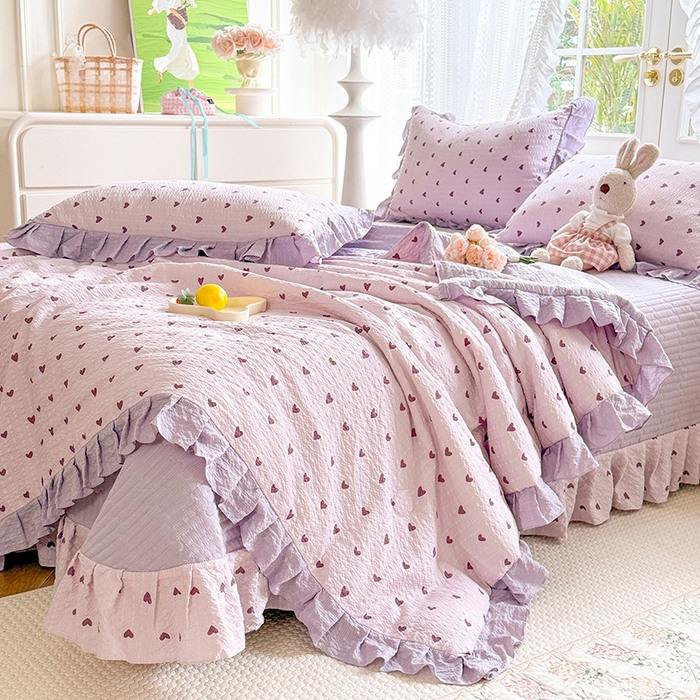 91家纺网 家纺一手货源 找家纺 韩约家纺 2026新款泡芙棉床盖款夏被夏凉被空调被四件套 紫色心情