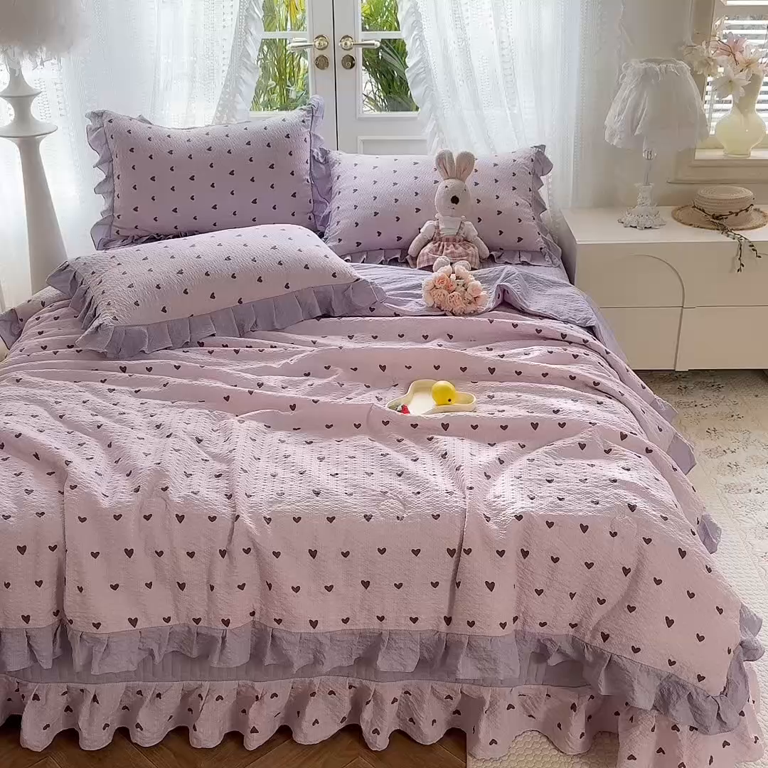 91家纺网 家纺一手货源 找家纺 韩约家纺 2026新款泡芙棉床盖款夏被夏凉被空调被四件套 紫色心情