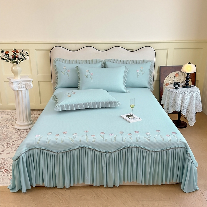 91家纺网 家纺一手货源 找家纺 女子家纺 2026新款中分子绣花款弯边复合凉感席三件套-洛可可 洛可可-蓝色