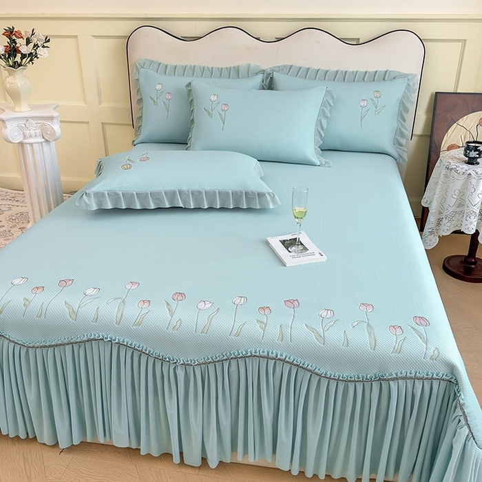 91家纺网 家纺一手货源 找家纺 女子家纺 2026新款中分子绣花款弯边复合凉感席三件套-洛可可 洛可可-蓝色