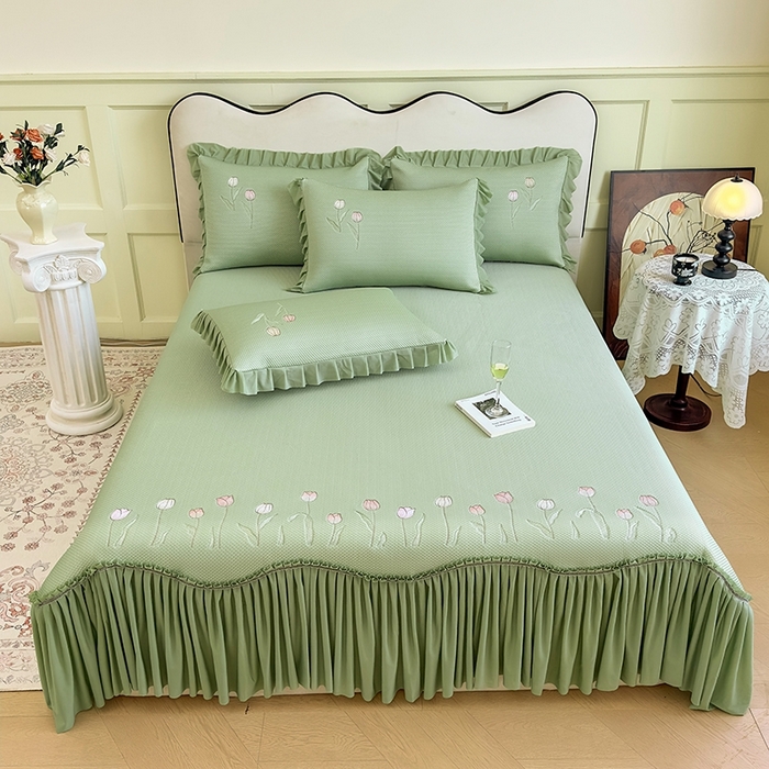 女子家纺 2026新款中分子绣花款弯边复合凉感席三件套-洛可可 洛可可-绿色