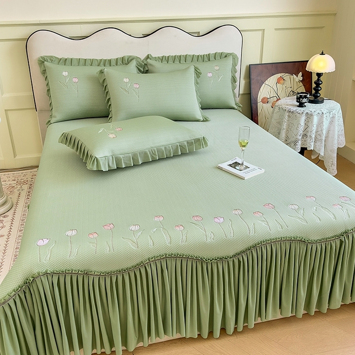 91家纺网 家纺一手货源 找家纺 女子家纺 2026新款中分子绣花款弯边复合凉感席三件套-洛可可 洛可可-绿色