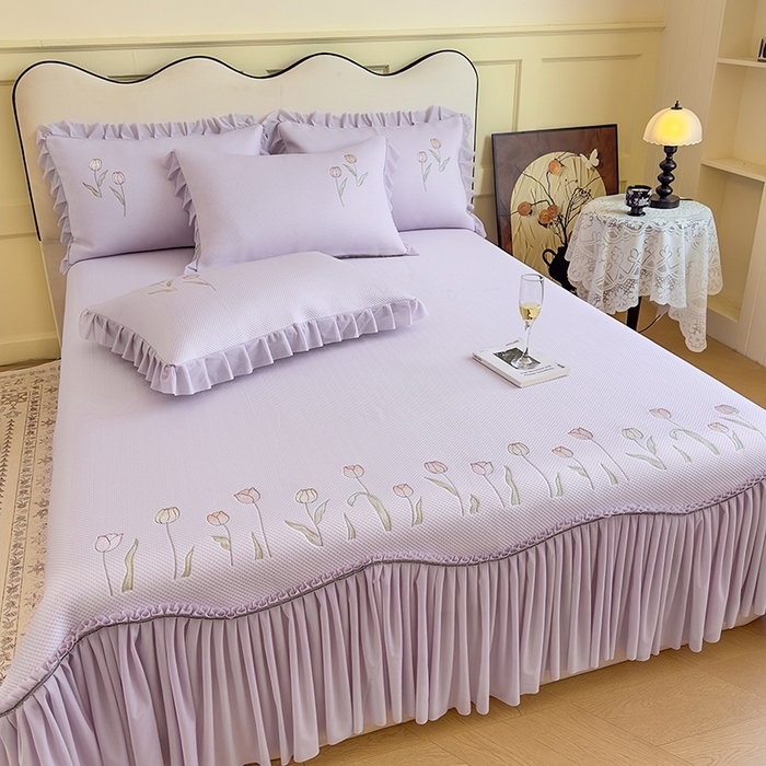 91家纺网 家纺一手货源 找家纺 女子家纺 2026新款中分子绣花款弯边复合凉感席三件套-洛可可 洛可可-紫色